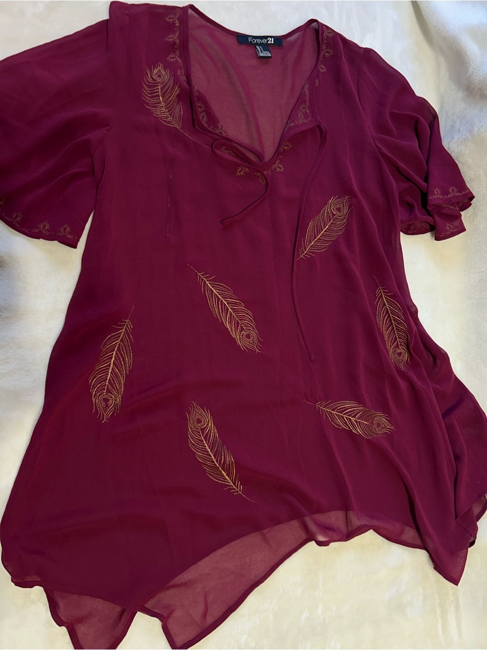 Burgundy with Gold Feather Accents V-Neck Sheer Tunic Top